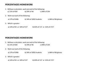 Percentages homework/plenary sheet