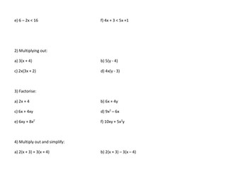GCSE Algebra Revision Sheet with answers