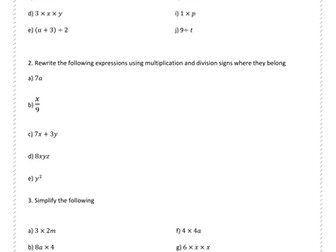 Basic Algebra Worksheet