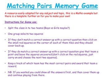 Maths Matching Pairs Memory Game