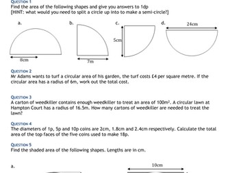 Area of a Circle: Further Questions Worksheet