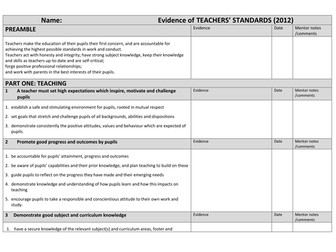 NQT Evidence grid with new standards (May 2012)
