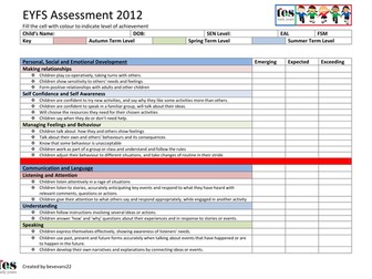 EYFS Framework 2012: Assessment sheet