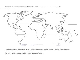 Blank World Map to label continents and oceans + latitude longitude equator hemisphere and tropics