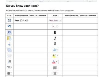 Ms Word Icons Worksheet Teaching Resources