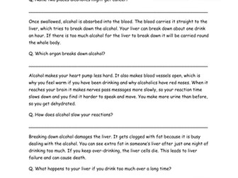 Effects of alcohol - worksheet