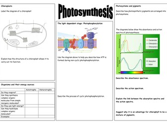 Photosynthesis revision sheets