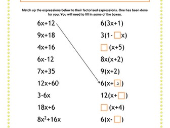 Factorising Match Up Worksheet