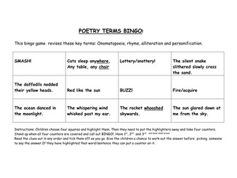 Poetry devices bingo Year 4/5/6