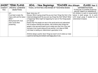 SEAL planning Year 2 - New Beginnings