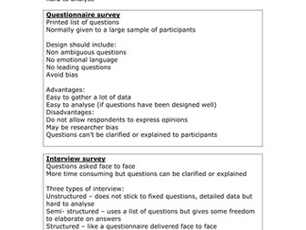 Revision sheets on all research methods