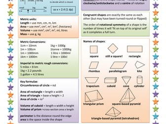 AQA Maths GCSE Unit 3 Key Facts Revision Sheet