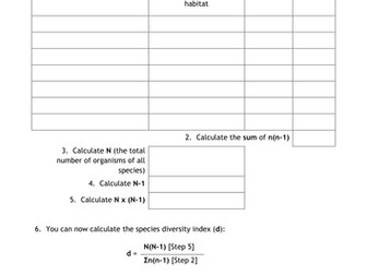 AQA Species Diversity Index Calculation Worksheet