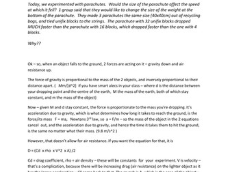 Gravity, air resistance, parachutes, falling time