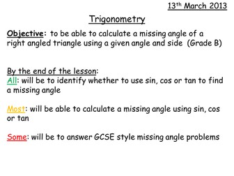 Trigonometry - Missing Angles Grade B Level 8