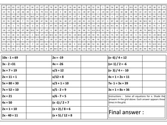 Solving linear equations (medium) - Shade out grid