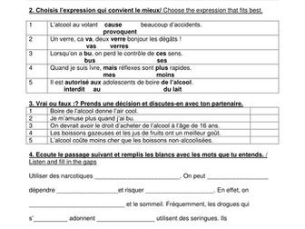 French worksheet: young people, drugs and alcohol