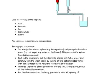 AQA AS Biology: potometer work sheet