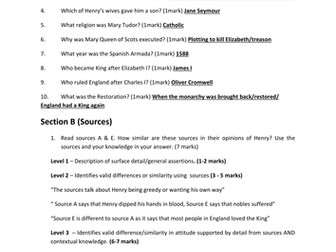 End of Year 8 History Exam - Tudors and Stuarts