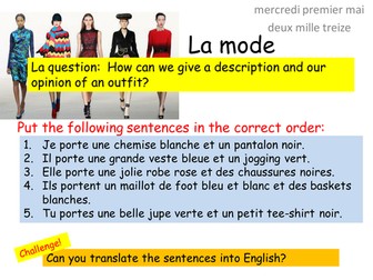 KS3 French Fashion detailed description of clothes