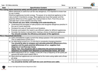 AQA GCSE Physics P2 specification checklists