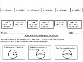 Area & Circumference of Circles Match-Up