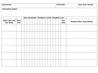 Intervention Record Sheet for 6 weeks