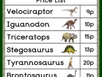 Dinosaur Souvenir Shop Price List