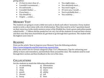 ESL Reading Lesson Plan - Memory