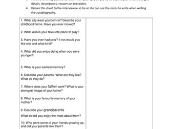 Interview sheet for autobiographical writing