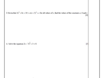 C1 Quadratics Test. With Mark Scheme