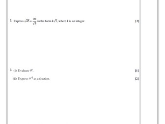 C1 Surds and Indices. Test. With Mark Scheme