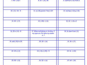 Negative Number Flash Cards