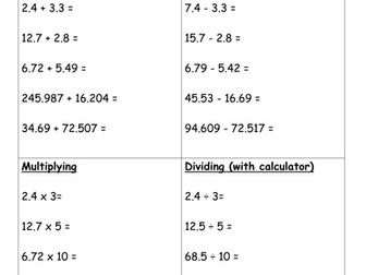 Decimals - Add, Subtract, Multiply, Divide