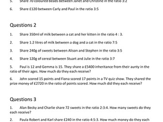 Ratio Worded Questions 3 levels of challenge