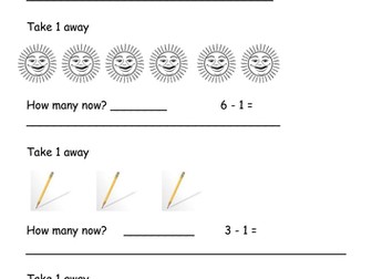 Take one and take 2 away worksheet with visuals.