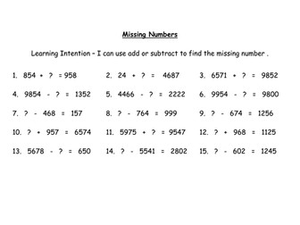 Addition and Subtraction - missing number sums