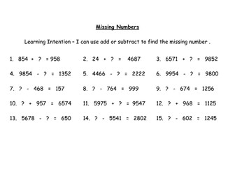 Addition and Subtraction - missing number sums