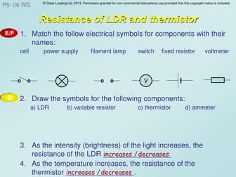 Resistance of LDR & thermistor - graded questions