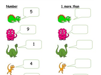 Editable 1 more than worksheets with Dinosaurs