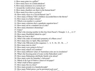 100 Question  Quiz - all with mathematical answers