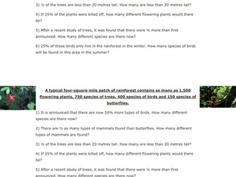 Rainforest percentage and fraction word problems