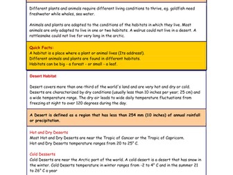 Worksheets and information on Habitats