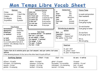 Free Time French Vocab Writing Mat