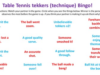 Table Tennis Bingo