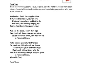 WW1 Poetry Worksheet: 'In Flanders Fields'