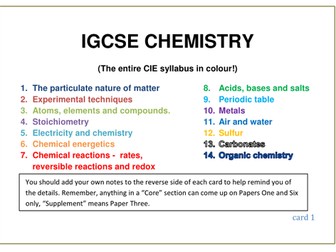 A6 sized flashcards with the IGCSE Chem syllabus