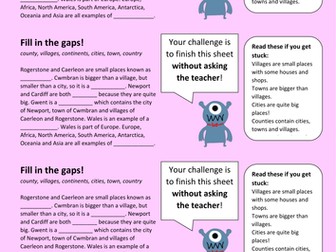 Continents, cities, towns, countries etc Gap fill