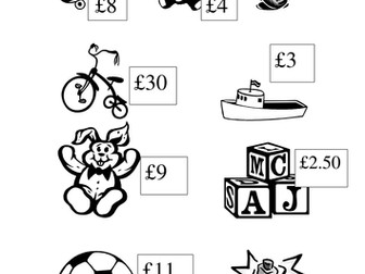 Money addition and subtraction problems.