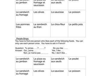 Food reading sheet and bingo game